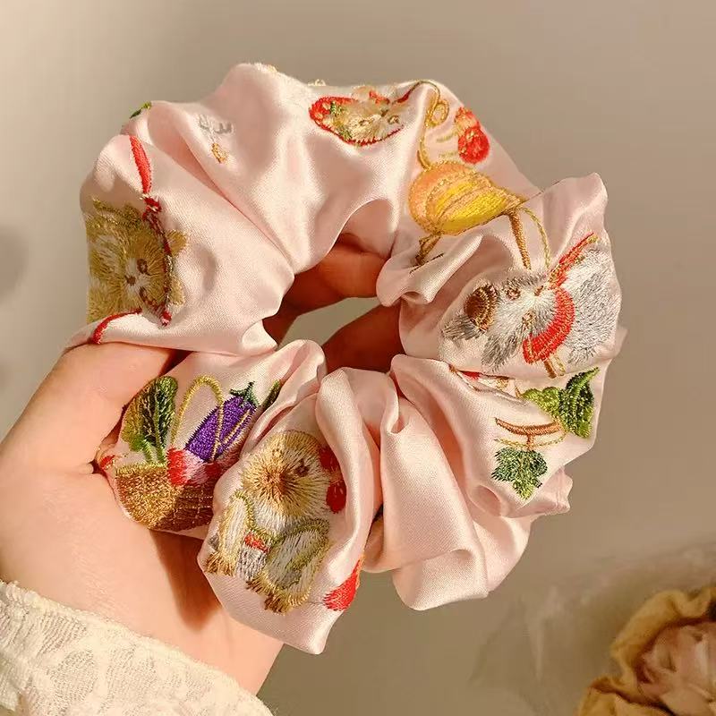 Pink Satin Embroidery Scrunchie