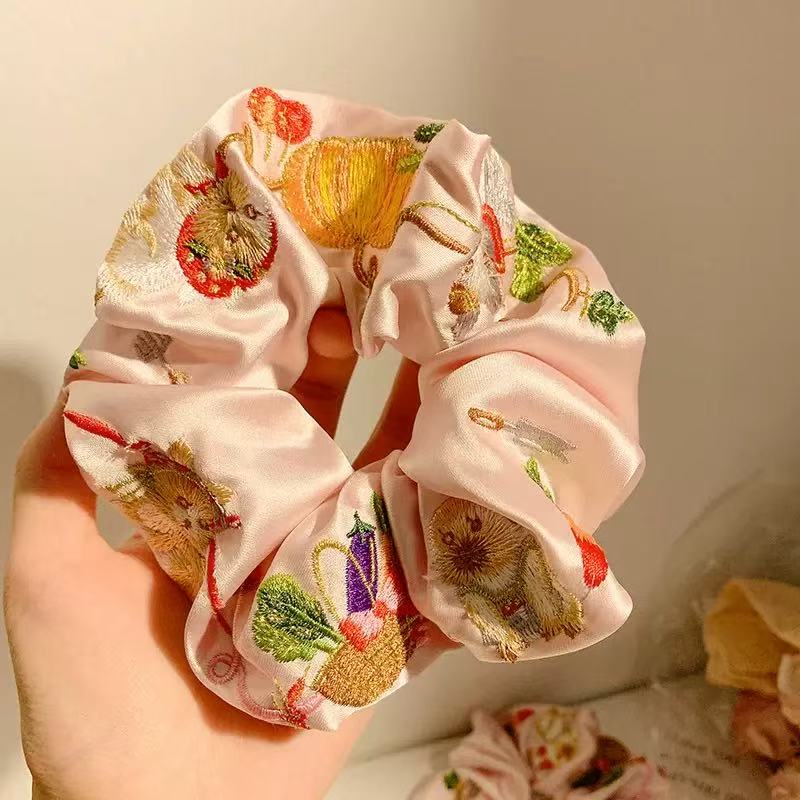 Pink Satin Embroidery Scrunchie