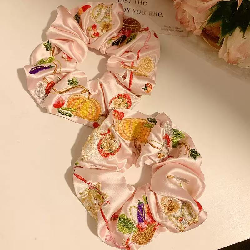 Pink Satin Embroidery Scrunchie