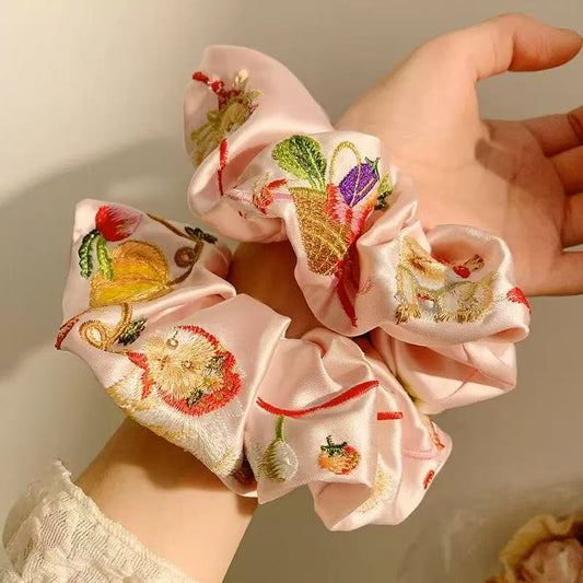 Pink Satin Embroidery Scrunchie